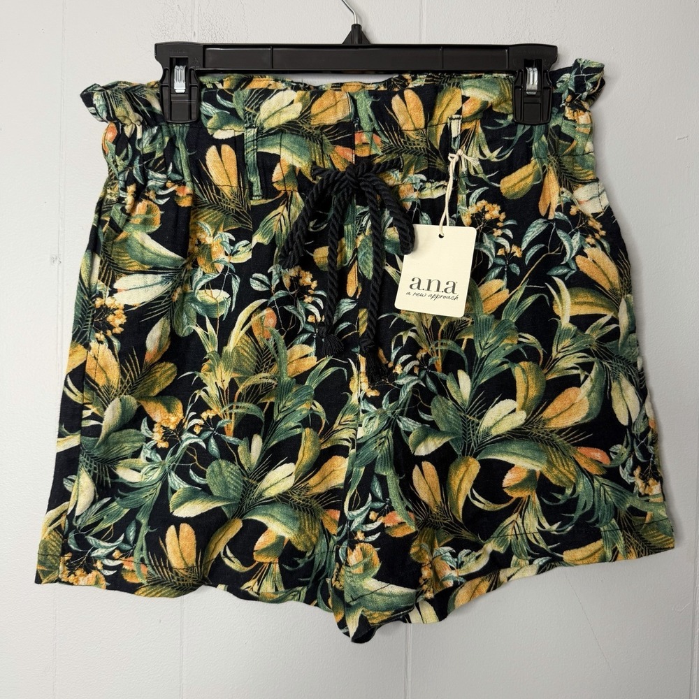a.n.a Women Shorts Large Blue Green Floral Linen Blend Paperbag Drawstring Small
